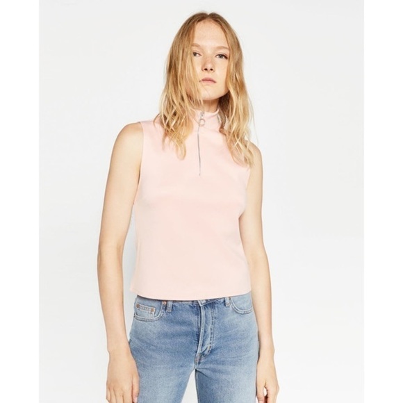 ZARA Zippered Turtleneck Collar Sleeveless Top • Light Baby Pink • M Medium - Picture 1 of 9